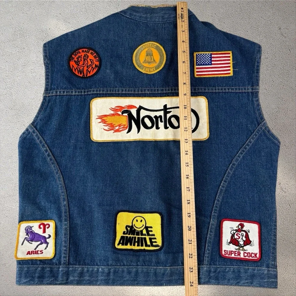 Vintage 70s Gauchos Denim Biker Vest Norton Motorcycle Patches Hippie Union Made - Picture 7 of 7